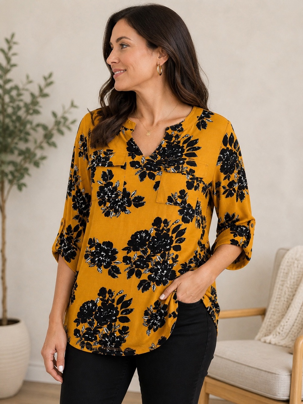 Carolyn Taylor Mustard Black Floral Stretch Tunic Top XL